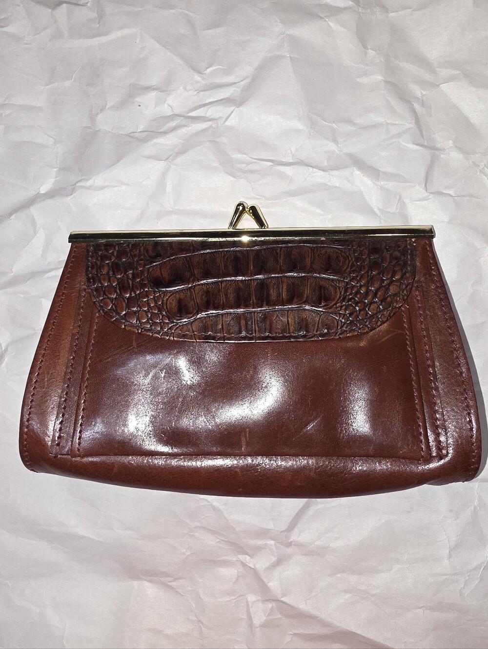 Vintage Brahmin Kiss Lock Brown Leather Clutch